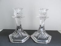 Image 3 of Pair of Vintage Glass Candlestick Holders, Clear, Fan Petals Crosses Pattern, Six-Sided, H 14.8cm
