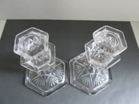 Image 5 of Pair of Vintage Glass Candlestick Holders, Clear, Fan Petals Crosses Pattern, Six-Sided, H 14.8cm