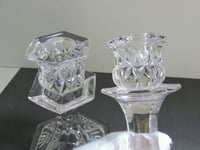 Image 8 of Pair of Vintage Glass Candlestick Holders, Clear, Fan Petals Crosses Pattern, Six-Sided, H 14.8cm