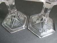 Image 10 of Pair of Vintage Glass Candlestick Holders, Clear, Fan Petals Crosses Pattern, Six-Sided, H 14.8cm