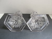 Image 6 of Pair of Vintage Glass Candlestick Holders, Clear, Fan Petals Crosses Pattern, Six-Sided, H 14.8cm