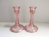 Image 1 of Pair of Vintage Pale Pink Glass Candlestick Holders, Ten-Sided, c 1930s-1950s era, H 13.6cm