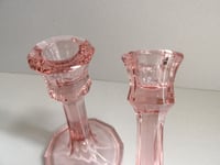 Image 6 of Pair of Vintage Pale Pink Glass Candlestick Holders, Ten-Sided, c 1930s-1950s era, H 13.6cm