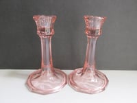 Image 2 of Pair of Vintage Pale Pink Glass Candlestick Holders, Ten-Sided, c 1930s-1950s era, H 13.6cm