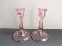 Image 3 of Pair of Vintage Pale Pink Glass Candlestick Holders, Ten-Sided, c 1930s-1950s era, H 13.6cm