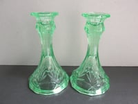 Image 1 of Pair of Vintage Uranium Green Glass Candlestick Holders, Twelve-Sided, c 1930s, H 14.8cm 