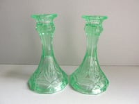 Image 2 of Pair of Vintage Uranium Green Glass Candlestick Holders, Twelve-Sided, c 1930s, H 14.8cm 