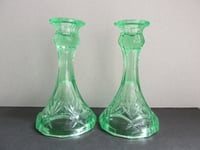 Image 4 of Pair of Vintage Uranium Green Glass Candlestick Holders, Twelve-Sided, c 1930s, H 14.8cm 