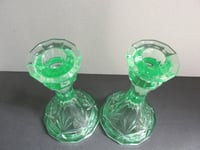 Image 5 of Pair of Vintage Uranium Green Glass Candlestick Holders, Twelve-Sided, c 1930s, H 14.8cm 