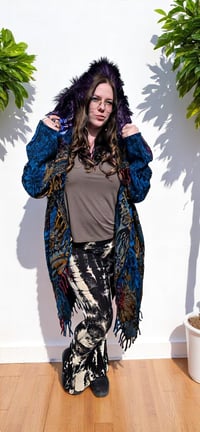 Image 1 of Hooded Fringe Coat - Blue with Purple Fur and Mushroom and Frog Hood