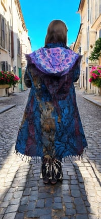Image 2 of Hooded Fringe Coat - Blue with Purple Fur and Mushroom and Frog Hood