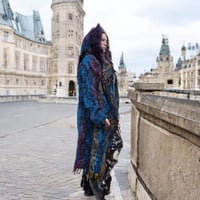 Image 3 of Hooded Fringe Coat - Blue with Purple Fur and Mushroom and Frog Hood