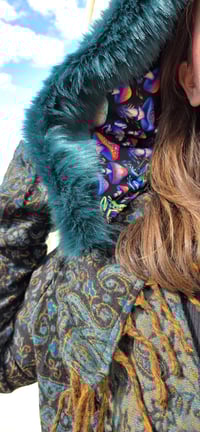 Image 2 of Hooded Fringe Coat - Teal Fur With Mushroom Hood 