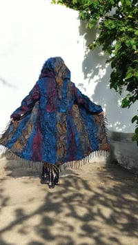 Image 3 of Hooded Fringe Coat - Blue with Purple Fur and Mushroom Hood