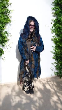 Image 1 of Hooded Fringe Coat - Blue with Purple Fur and Mushroom Hood
