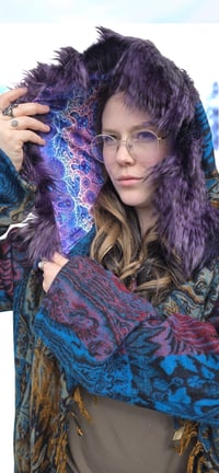 Image 2 of Hooded Fringe Coat - Blue with Purple Fur and Mushroom Hood
