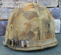Image 6 of WWII USMC M1 Helmet & Firestone-Inland Liner. Fixed bale type. Marine Camo cover. 