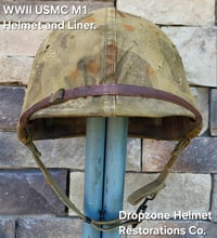 Image 5 of WWII USMC M1 Helmet & Firestone-Inland Liner. Fixed bale type. Marine Camo cover.