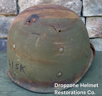 Image 19 of WWII USMC M1 Helmet & Firestone-Inland Liner. Fixed bale type. Marine Camo cover. 
