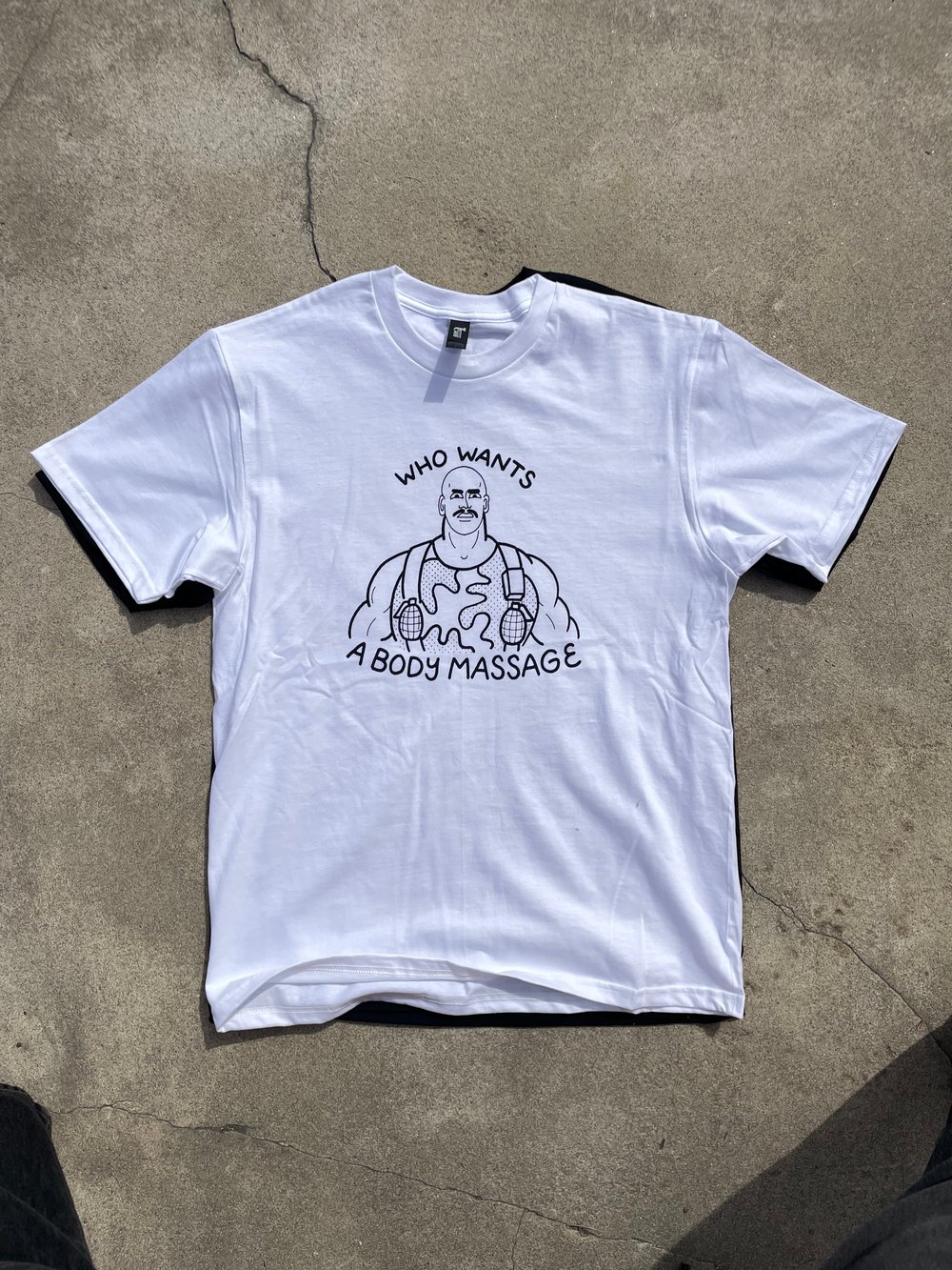 “BODY MASSAGE” Tee - Available in white and black