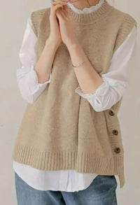 Image 2 of Beige Knit Sweater Vest with Side Buttons