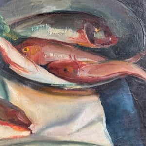 Image of Early 20th C French Oil Painting,' Fishes and Wine.'