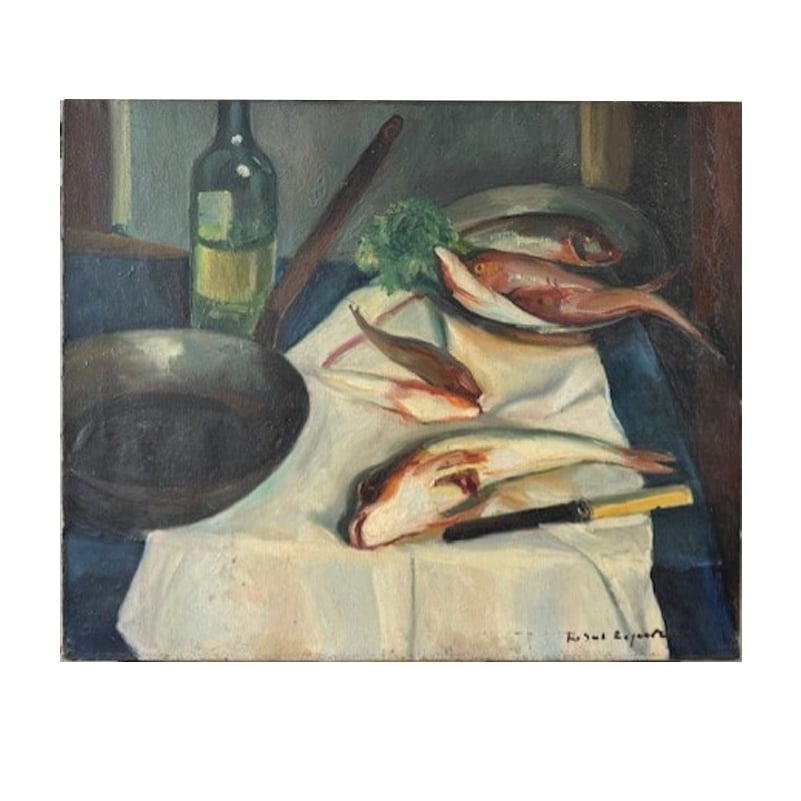 Image of Early 20th C French Oil Painting,' Fishes and Wine.'