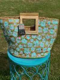 Image 1 of Large Aqua Straw Bag w/Wooden Handles