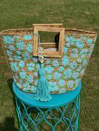 Image 2 of Large Aqua Straw Bag w/Wooden Handles