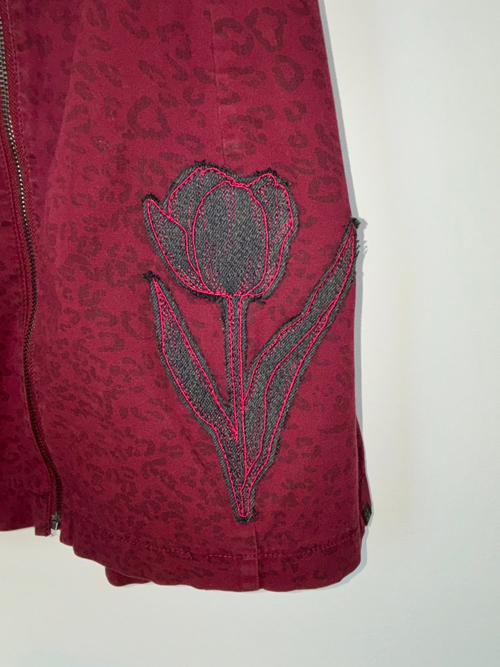 Image of Upcycled Maroon Jumper Dress with Tulip Patch – Size 8 Zip Front Overall Dress