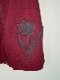 Image 2 of Upcycled Maroon Jumper Dress with Tulip Patch – Size 8 Zip Front Overall Dress
