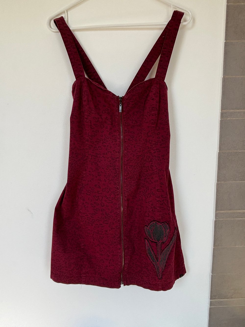 Image of Upcycled Maroon Jumper Dress with Tulip Patch – Size 8 Zip Front Overall Dress