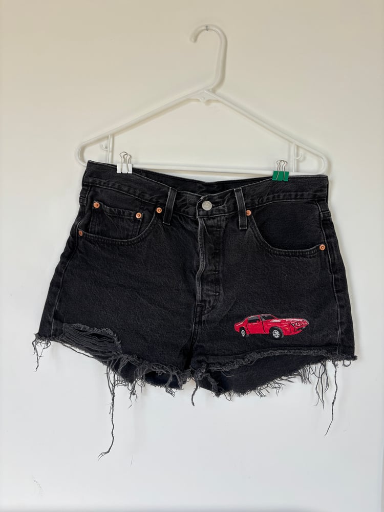 Image of Upcycled Levi’s 501 Black Denim Shorts – Embroidered Firebird, High-Waisted Cutoffs, Size 30