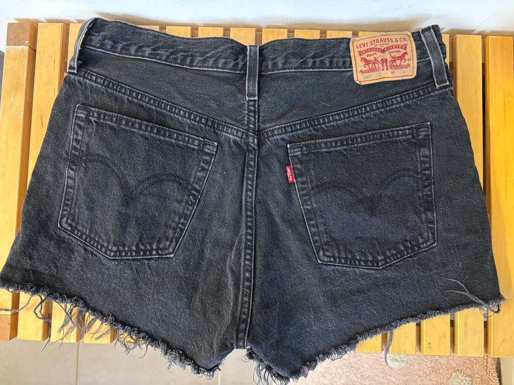 Image of Upcycled Levi’s 501 Black Denim Shorts – Embroidered Firebird, High-Waisted Cutoffs, Size 30
