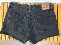 Image 2 of Upcycled Levi’s 501 Black Denim Shorts – Embroidered Firebird, High-Waisted Cutoffs, Size 30