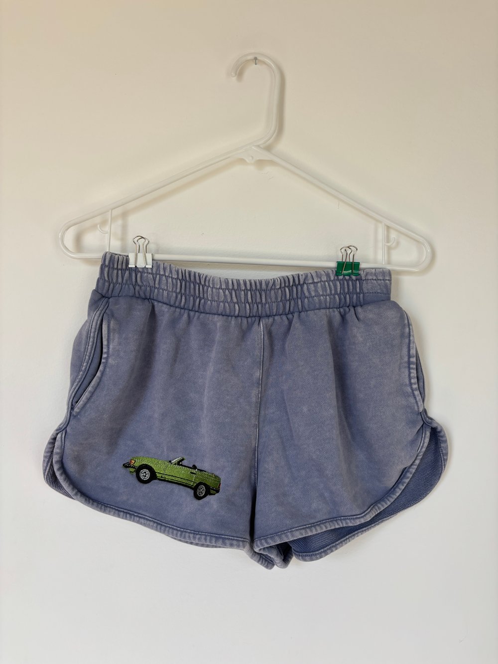 Image of Upcycled Purple Shorts with Convertible Car Embroidery – Retro Forever 21 Lounge Shorts, Medium