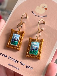 Image 5 of cottage core tiny paintings dangle earrings | cat, forest, river
