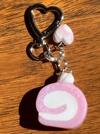 Swirl cake roll charm, Polymer clay charm, Swiss cake charm, Pink keychain