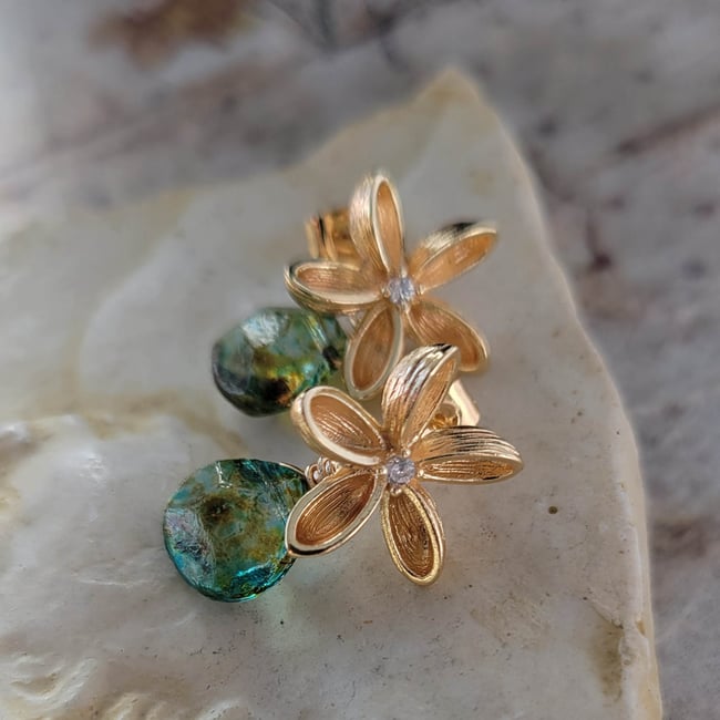 Pinwheel Flower and Aqua Water Drop Earrings