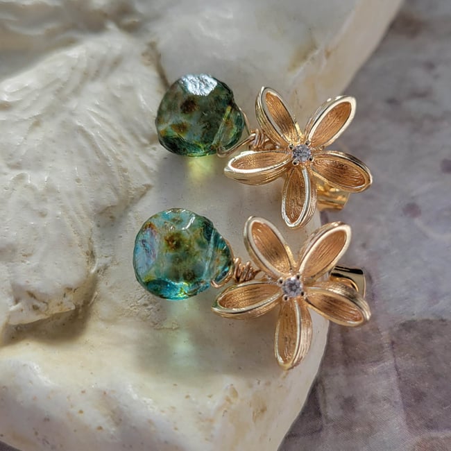 Pinwheel Flower and Aqua Water Drop Earrings