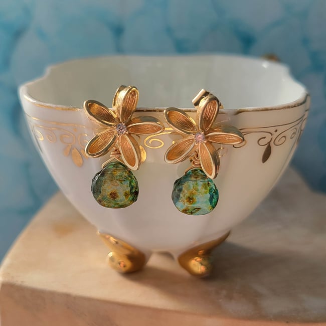 Pinwheel Flower and Aqua Water Drop Earrings