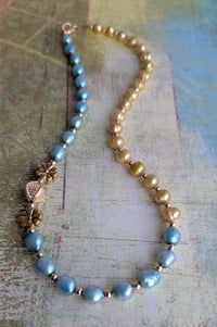 Image 1 of Dual Color Aqua and Gold Freshwater Pearl Necklace