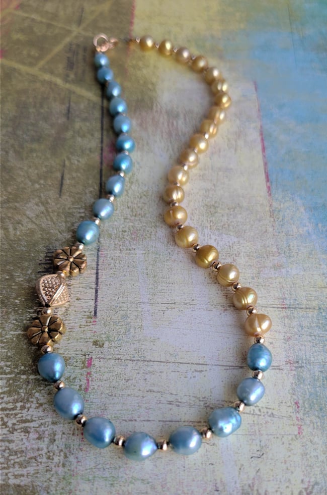 Dual Color Aqua and Gold Freshwater Pearl Necklace