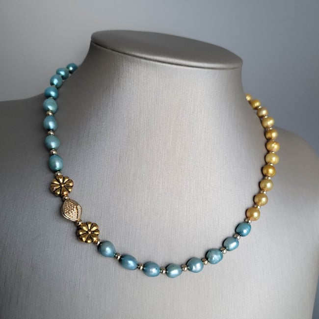 Dual Color Aqua and Gold Freshwater Pearl Necklace