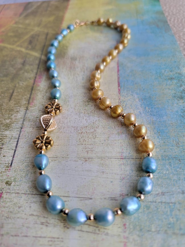 Dual Color Aqua and Gold Freshwater Pearl Necklace