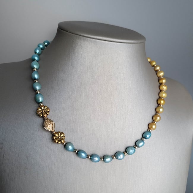 Dual Color Aqua and Gold Freshwater Pearl Necklace