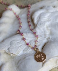 Image 1 of Petite and Simple Ruby Rosary Chain Necklace with a Gold Lotus Stamped Pendant