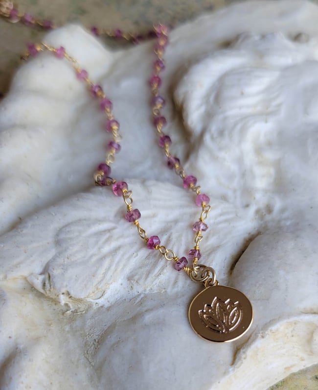 Petite and Simple Ruby Rosary Chain Necklace with a Gold Lotus Stamped Pendant