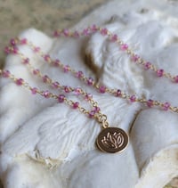 Image 3 of Petite and Simple Ruby Rosary Chain Necklace with a Gold Lotus Stamped Pendant
