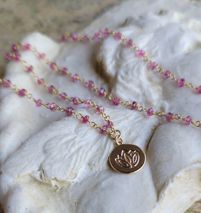 Petite and Simple Ruby Rosary Chain Necklace with a Gold Lotus Stamped Pendant